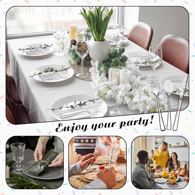 Minatee 150 Pcs Black Plastic Silverware, Clear Disposable Cutlery Set Heavy Duty Utensil Sets 50 Forks 50 Knives 50 Spoons for Birthday Party Home Office School Picnics Restaurant Outdoor Events
