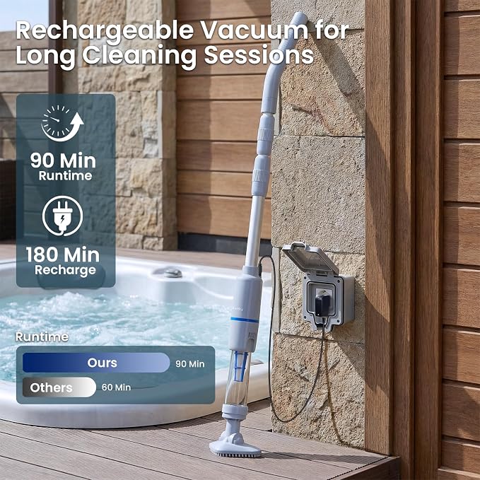 Cordless Handheld Spa Hot Tub Vacuum Cleaner, Rechargeable Small Pool Vacuum for Sand & Debris, Telescopic Pole up to 65", 90 Mins Runtime Cleaner for Hot Tubs, Small Above Ground Pools