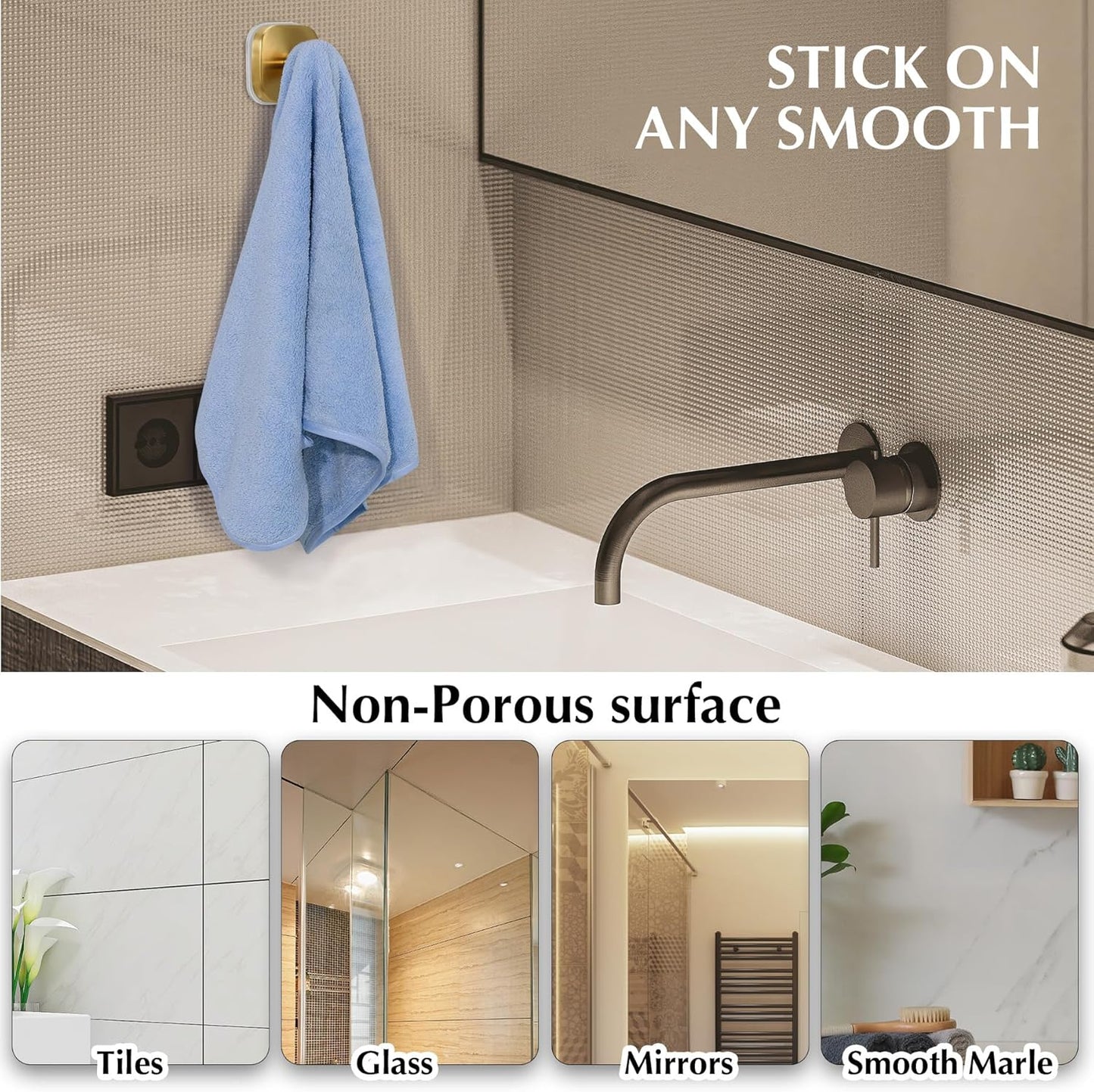 Suction Cup Hooks for Shower - Reusable No-Drill Mounting - Hooks for Towels, Robes & Loofah on Metal, Glass, Mirrors, Tile & Smooth Non-Porous Surfaces (2, Brushed Gold)