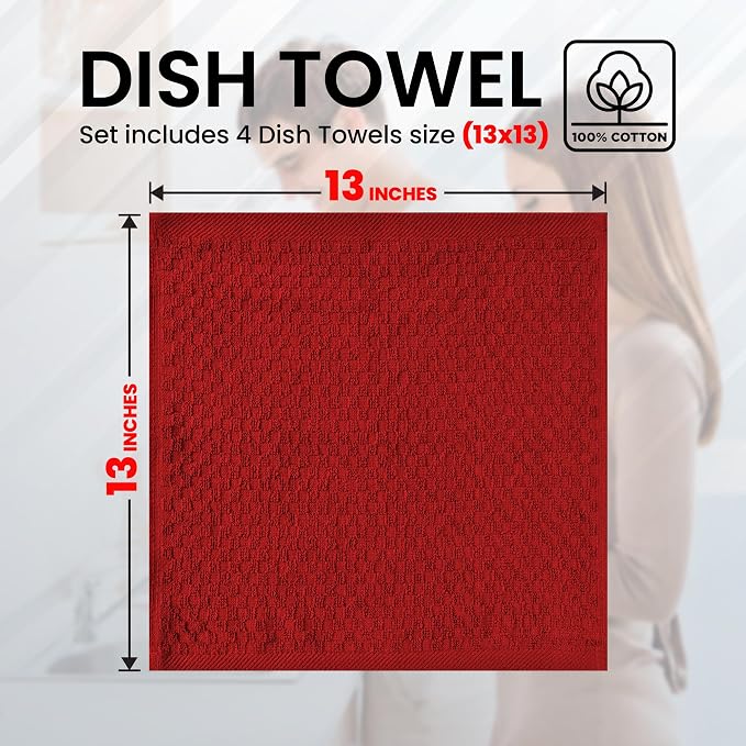 Infinitee Xclusives Premium Dish Cloth - Red [Pack of 4] 100% Cotton 13 x 13 Inches Kitchen Cloth - Premium Kitchen Rags – Pack of 3, 100% Cotton 15 x 25 Inches Absorbent Dish Rags