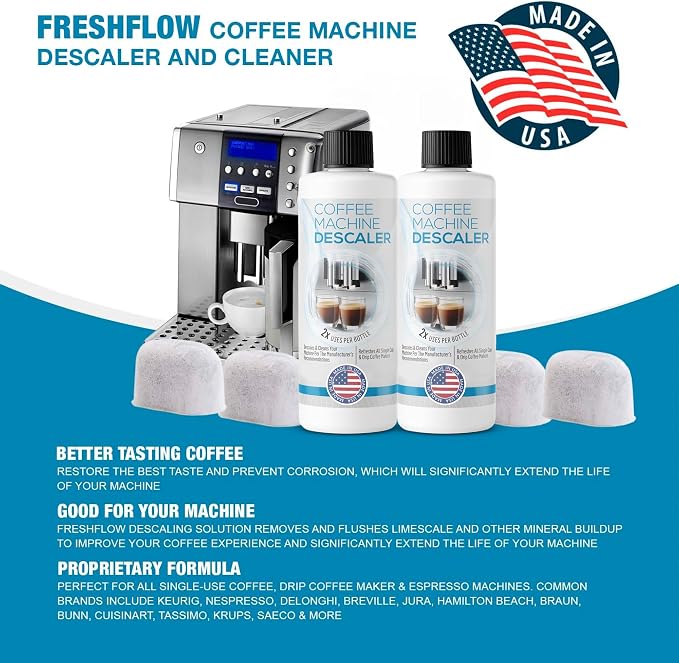 FreshFlow Keurig Compatible Descaling Solution - Descaler Cleaner Concentrate Kit For All 1.0 & 2.0 K-Cup Pod Machines and Espresso Machines - (2 Bottles, 4 Uses Plus 4 Filters)