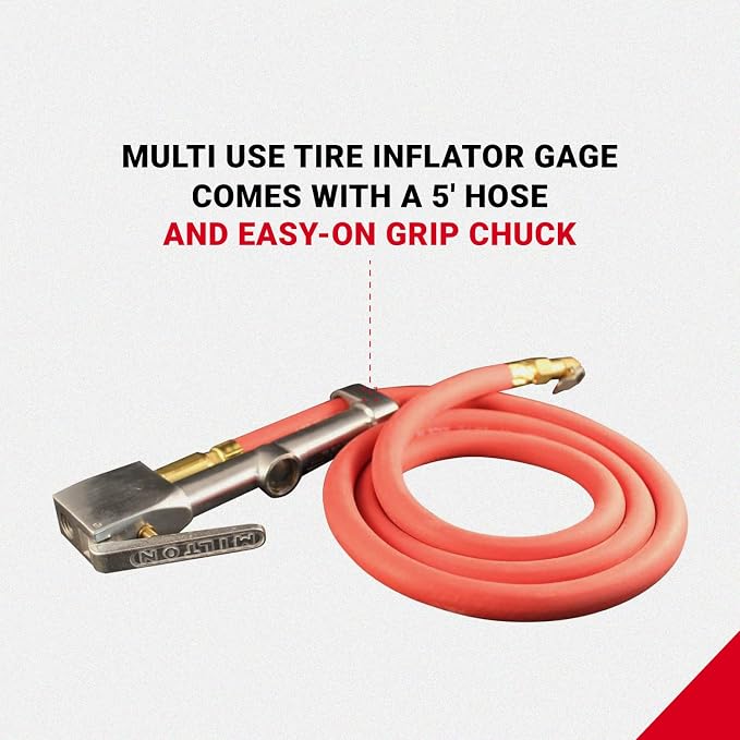 Milton 518 Analog Tire Inflator with Pressure Gauge, 5' Hose Easy Straight Clip-on Chuck, Made In USA (OSHA Compliant) 10-160 PSI