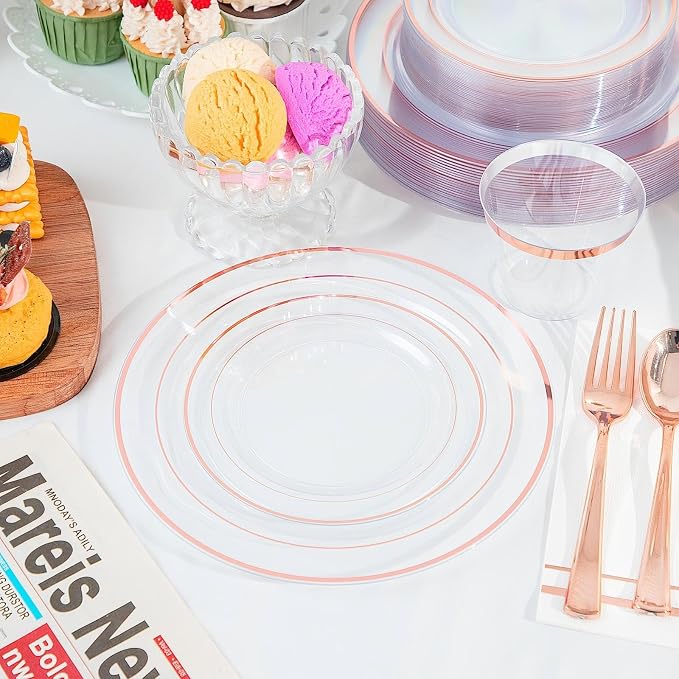 GATHER 350PCS Rose Gold Plastic Plates - Disposable Rose Gold Dinnerware Includes 100 Clear Rose Golds Rimmed Plastic Plates, 150 Silverware, 50 Napkins, 50 Cups for Party, Wedding, Baby Shower