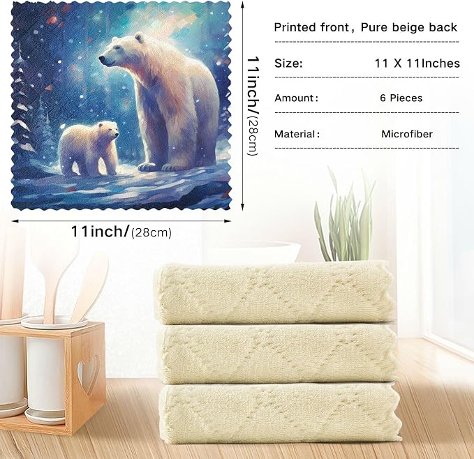 ALAZA Dish Towels - Polar Bear (2) Absorbent Kitchen Towels, Lint Free Bar Tea Soft Towel Kitchen Accessories Set of 6, 11"x11"