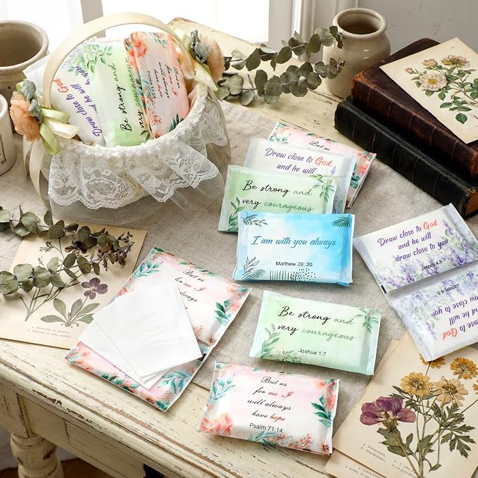 TaoBary 80 Pack Christian Pocket Tissues for Wedding Guests Scripture Flowers Pocket Tissues Travel Packs Inspirational Bible Verse 3 Ply Soft Facial Napkin for Wedding Travelling Ceremony Supplies