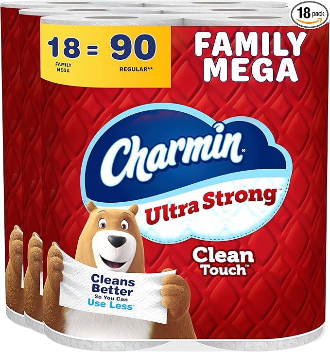 Charmin Ultra Strong Clean Touch 2-Ply Toilet Paper, 18 Family Mega Rolls = 90 Regular Rolls, White