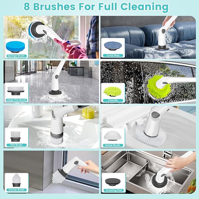Electric Spin Scrubber, New Cordless Power Tub Scrubber with Long Handle,101 Lbs Strong Torque Shower Brush with 8 Heads, 2 Speed Mode 3 Adjustable Angles for Cleaning Bathroom Tile