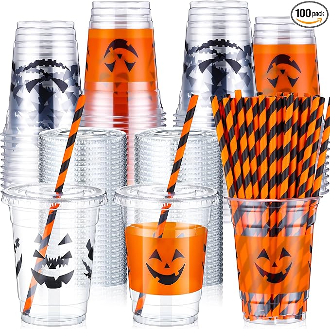 Yaomiao 300 Pcs 12 oz Halloween Plastic Cups with Lids and Straw Halloween Plastic Cup Disposable Clear Tumbler Whiskey Tumbler Black White Emoticons Witch Drinking Set for Party Supply