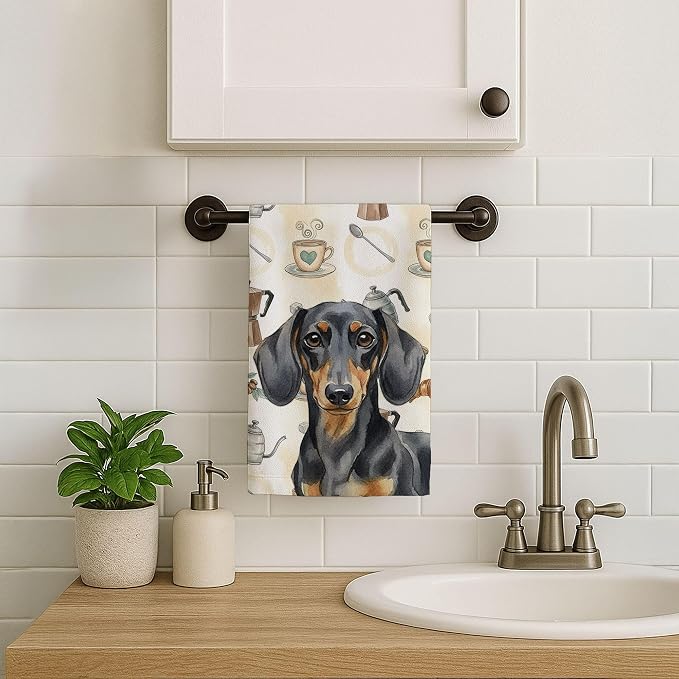 Caroline's Treasures Black and Tan Dachshund Coffee Bar Kitchen Towel Velour Plush Front and Cotton Loop Back Machine Washable