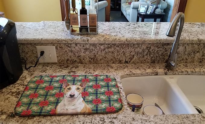Caroline's Treasures Fawn and White Bull Terrier Christmas PoinsettIas Dish Drying Mat Absorbent Dish Drying Mat Pad for Kitchen Counter Dish Drainer Mat for Countertop, 14 x 21", Multicolor