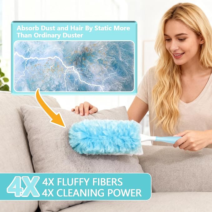 60 Pack Duster Refills Kit Disposable for Swiffer Duster Handle,360° Deep Cleaner Heavy Duty Replacement with 1 Handle,for Home, Blinds, Car, Pet, Furniture, Fans(Blue)