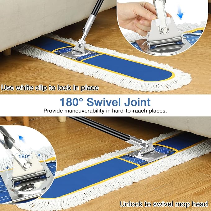 CLDREAM 48" Large Commercial Industrial Dust Mop for Floor Cleaning | 2 Washable Cotton Mops Pads/Wet Dry Floor Duster Broom for Hardwood Floors Marble Laminate Tile Concrete Garage/Blue
