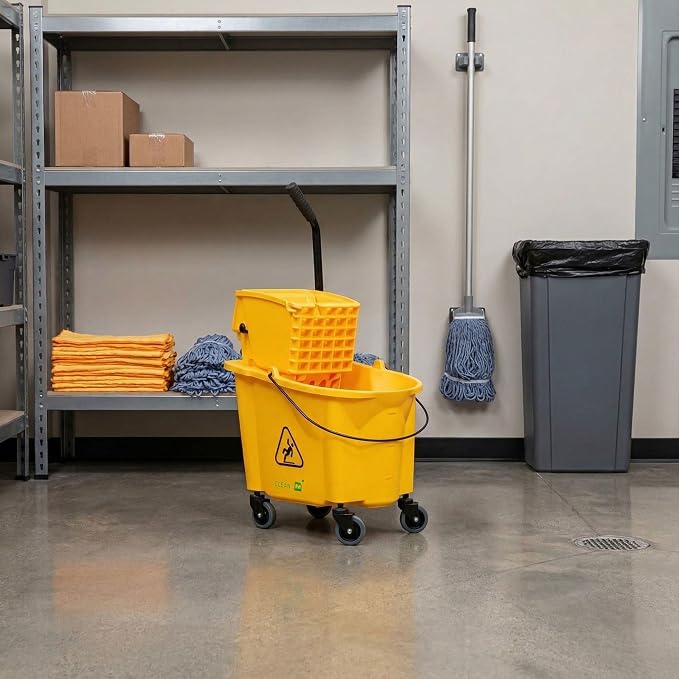 Restaurantware RW Clean 38 Quart Industrial Mop Bucket 1 Combo Mop Wringer Bucket - With Side Press Wringer Built-In Casters Yellow Plastic Commercial Mop Bucket Carry Handle For Commercial Use