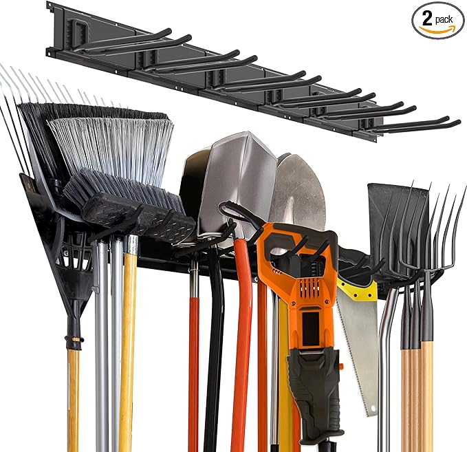 Charmount 96" Garage Storage Wall Organizer with 1200lbs, 12 Hooks Broom Holder Wall Mount, Garden Tool Organizer, Easy Installation Tool Storage to Accommodate Brooms, Hoses, Yard Tools and More