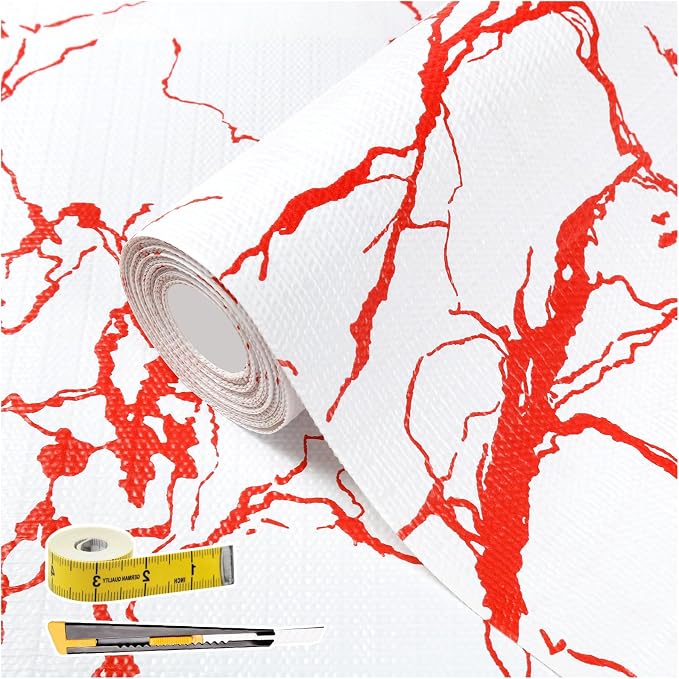 Red Marble Pattern Shelf Liner, Non-Adhesive Non-Slip Thickened Drawer Liner, Easy to Clean Contact Paper for Kitchen Cabinets, Tool Box, Refrigerator, Includes Knife & Tape Measure.12×236.22inch