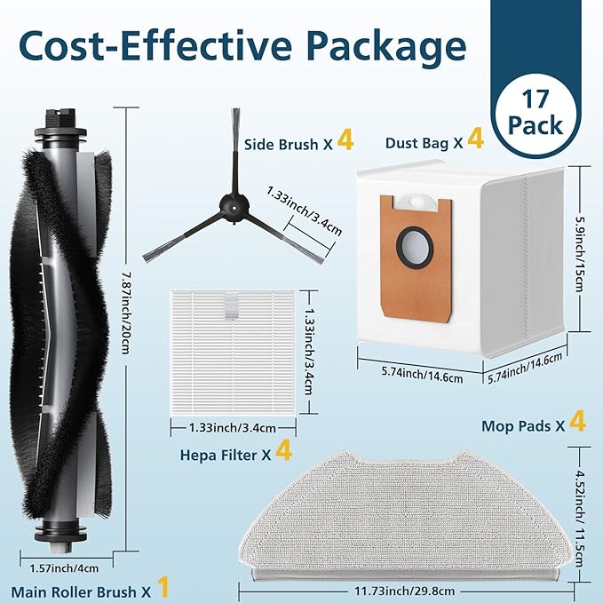 T20+ Accessories Replacement Parts for Airrobo T20+ /T25+/T30+/T25+C and for FIXR T20 Robotic Vacuum Cleaner, 1 Roller Brush, 4 Mop Pads, 4 Hepa Filters, 4 Dust Bags, 4 Side Brushes, 17 Pack
