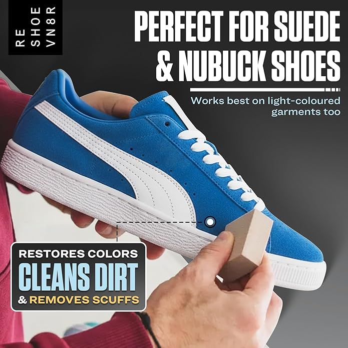 RESHOEVN8R Dry Suede Kit - Sneaker Cleaner & Shoe Care for Light-Colored Nubuck & Suede Shoes - Gently Removes Marks, Spots, & Scuffs - 1 Cleaning Brush & 1 Eraser