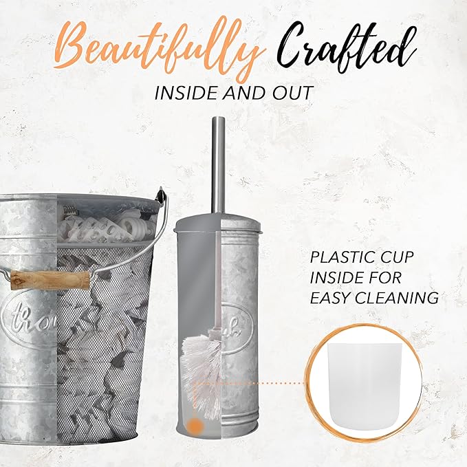 Autumn Alley Rustic Farmhouse Trash Can and Toilet Brush Holder Set - Galvanized Bathroom Trash Can with Matching Toilet Brush, Rustic Farmhouse Bathroom Decor, Grey, 2 Gal.