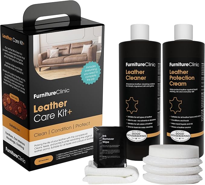 Furniture Clinic Large Leather Care Kit + 2 Pack Applicator Sponges | Leather Cleaner + Conditioning Protection Cream for Furniture | Two 17oz Bottles + 3 Sponges & 1 Cloth