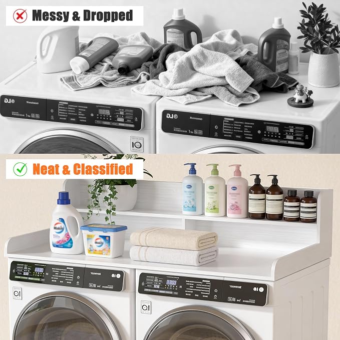 Piskyet Washer Dryer Countertop,2- Tier Laundry Countertop with Edge Rails,27.5" Depth x 54" Wood Countertop,Laundry Machine Topper for Laundry Room Organization and Storage(White)