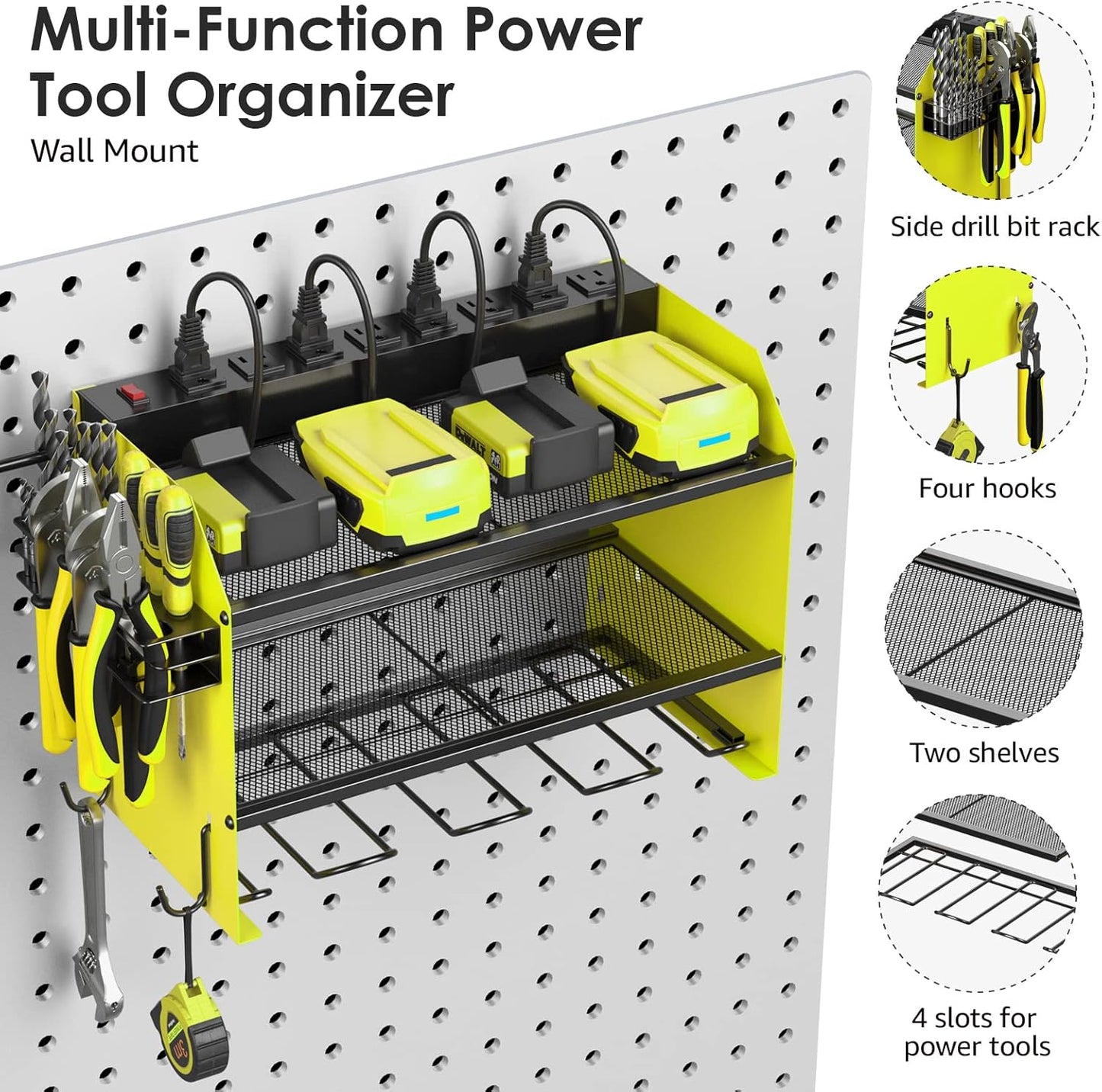 CCCEI Set Power Tool Organizer Wall Mount with Charging Station. Garage 4 Drill Storage Shelf with Hooks, Heavy Duty Metal Tool Battery Charger Organizer. Shop Utility Rack with Power Strip Green.