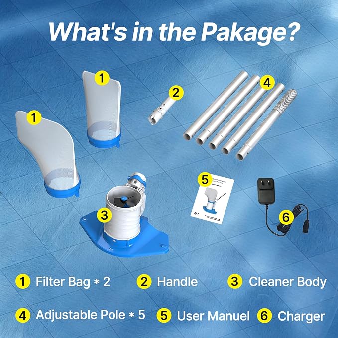 83GPM Big Rechargeable Pool Leaf Vacuum with 5-Section Pole, Cordless Pool Skimmer for Above-Ground & In-Ground Pools, Includes Standard & Fine Filter Bags for Leaves & Debris
