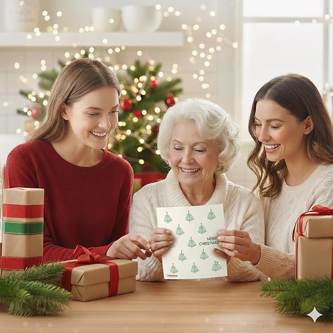 Christmas Holiday Swedish Dishcloth, Reusable Paper Towel, Super Absorbent Cellulose Sponge, Washable Kitchen Cleaning Cloth (Winter Evergreens - 1 Pack)