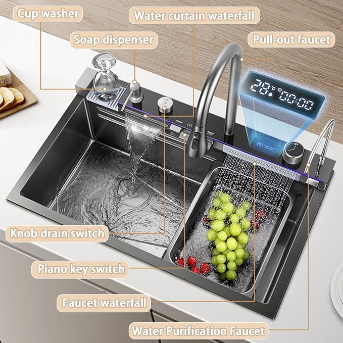 33.5 inch Smart Digital Display Waterfall Sink, 304 Stainless Steel Modern Kitchen Sink with 5 Water Outlet Modes, Waterfall Pull-Out Faucet, Cup Washers and Accessory Set