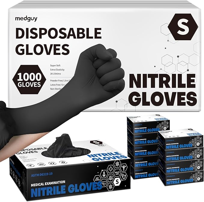 Medguy Powder-Free Nitrile Exam Gloves, 4 Mil, 1000 Count, Black Food-Safe Disposable Gloves for Medical, Cooking, Cleaning