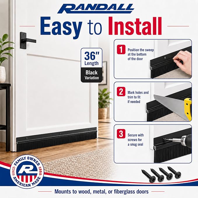 Black Aluminum & Long-Brush Door Sweep – 3 ft (36″) – Seals Gaps Up to 2″ – Pre-Drilled with Color-Matched Screws – All-USA Made Weatherseal for Doors, Garage, Exterior & Interior