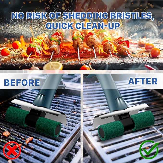 Hillyfe Electric Grill Brush, Bristle-Free Dual Rotating Heads, 450 RPM with LED Light, 120-Minute Runtime, IPX5 Waterproof, 4 Scouring Pads, Extended Handle, Safe for All Kinds of BBQ Grills, Blue