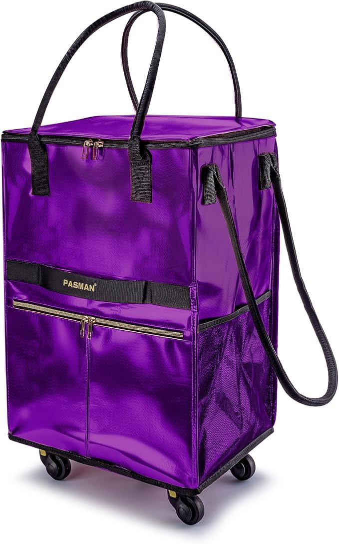 Reusable Grocery Bag on Wheels, Foldable Rolling Tote Bag with Handle and Zipper Cover, Heavy Duty Shopping Cart for Laundry, Market & Travel (Purple, Medium_67L)