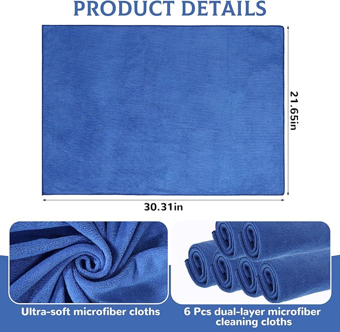 6 Pcs Extra Large Microfiber Cleaning Cloth Reusable Microfiber Towels Thick Washable Cleaning Towel for Home Office Windows Floors and Cars, 30 x 20 Inch(Blue)