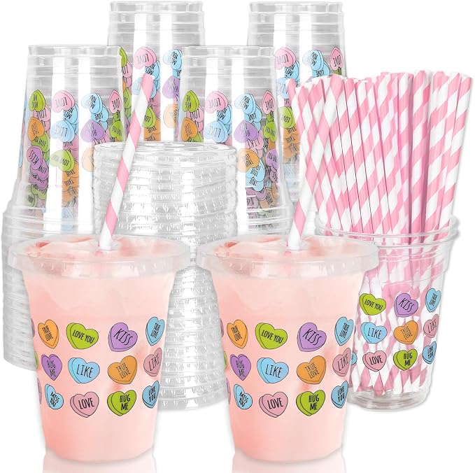 JarThenaAMCS 50Pcs Valentine's Day Disposable Plastic Cups With Lids And Straws 12oz Romantic Conversation Heart Decoration Love Heart Cups for Dinner Anniversary Party Supplies