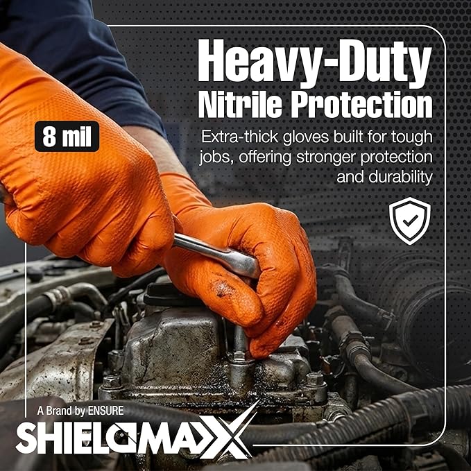 Heavy Duty Nitrile Gloves – 8 Mil Orange Industrial Gloves, Powder& Latex Free, Non-Sterile, Diamond Texture Grip
