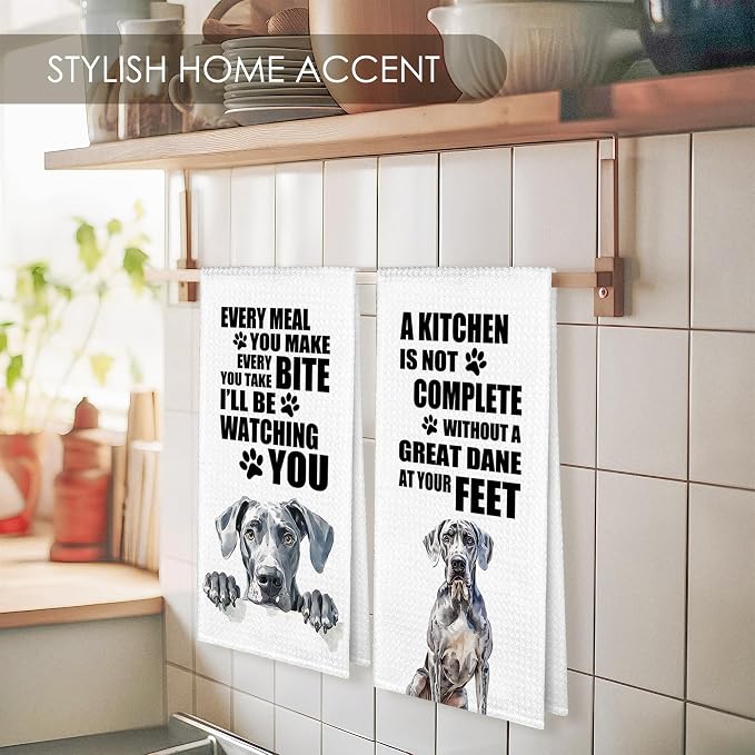 Great Dane Kitchen Towel Gifts for Dog Lovers Decorative Set of 2, Great Dane Dish Towels Dishcloths Tea Towels, Dog Waffle Weave Microfiber Hand Towel for Kitchen Bathroom Decor 16x24