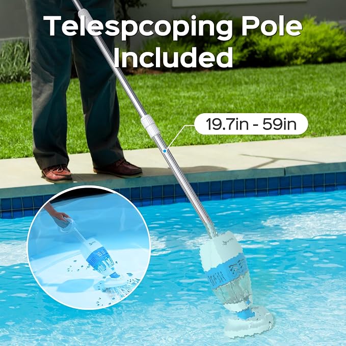 Handheld Pool Vacuum with Telescopic Pole,Hot Tub Vacuum Spa Vacuum with 60 Mins Runtime,Cordless Pool Vacuum Deep Cleaning for Small Inground & Above Ground Pools, Hot Tubs, Spas