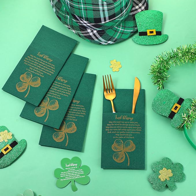 Tenceur 50 Pcs St. Patrick's Day Irish Blessing Paper Napkins 16x16'' Disposable Green Paper Napkins with Built in Flatware Pocket for Family Dinner Party Supplies Restaurants Daily Dinners