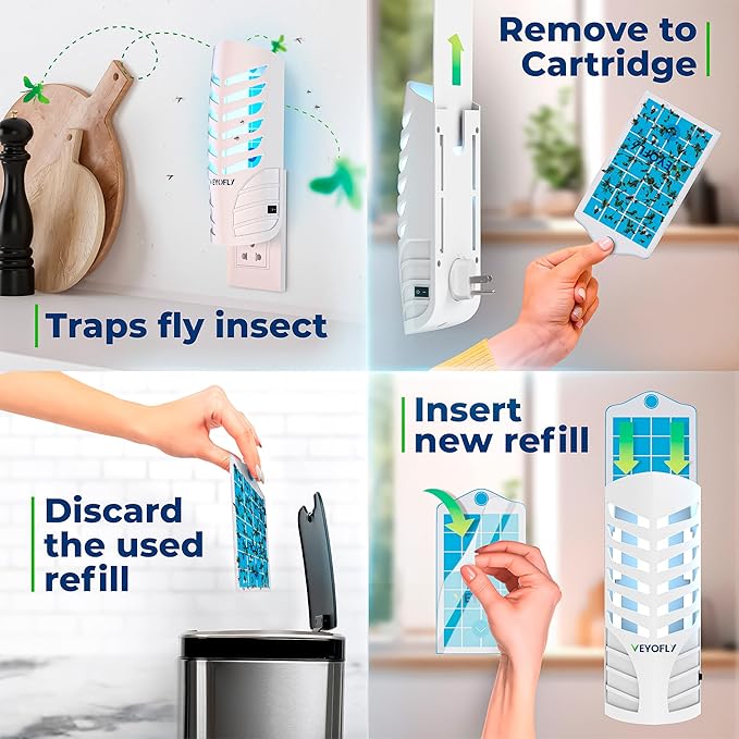 VEYOFLY Fruit Fly Trap Indoor (1 Device + 3 Refills), Gnat Catcher, Plug-in Light Insect Trap for House, Bug Killer