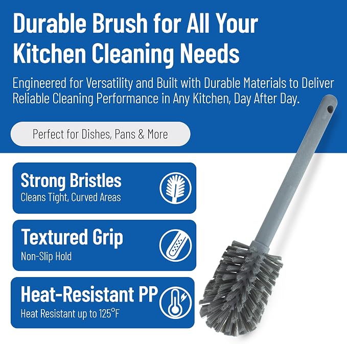 SPARTA 12 Inch Bottle Brush with Polyester Bristles and Plastic Handle, Color Coded, Large Round Head Cleaner for Bottles Jars and Food Service Equipment, Gray