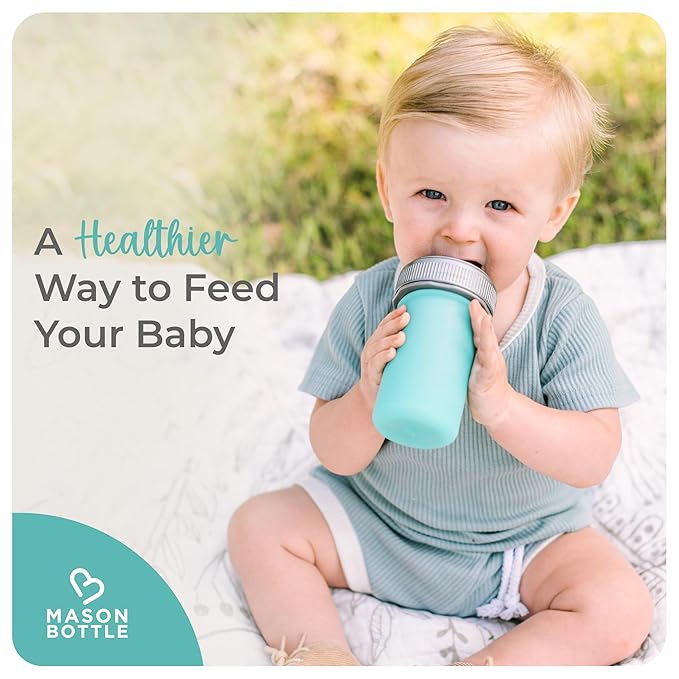 Mason Bottle 8oz Silicone Baby Bottle with Medium Flow Nipple (3+ Months) – Breastfeeding Bottle, Reusable Silicone Squeeze Pouch – BPA & BPS-Free, Non-Toxic, Made in USA (Teal)