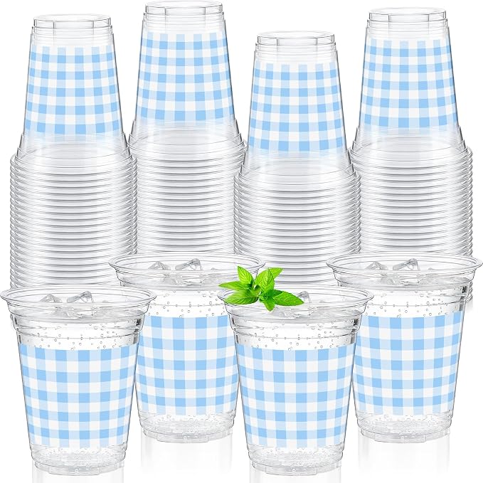 Qinyoung Checkered Plastic Cups 12oz Gingham Party Disposable Cups Bulk Drinking Cup for Cold Drinks Baby Shower Wedding Summer Birthday Party Supplies(Blue and White,100 Pcs)