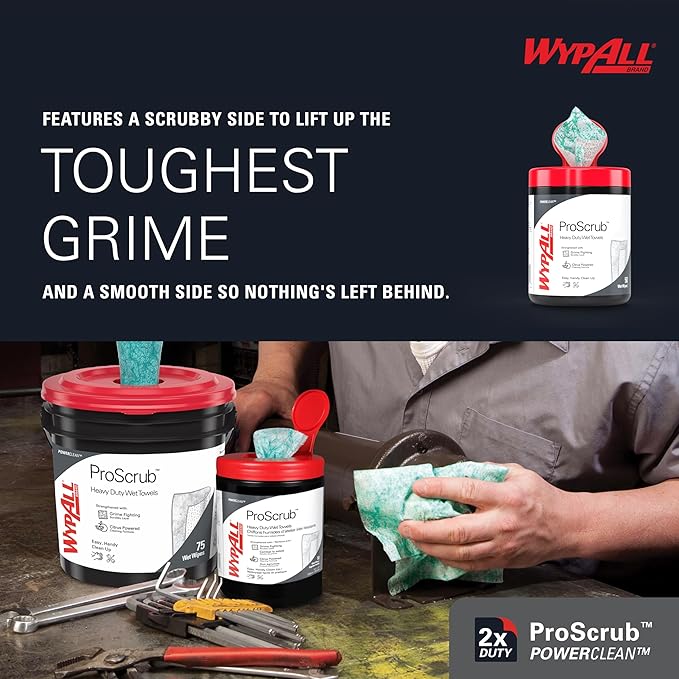 WypAll PowerClean ProScrub Heavy Duty Wet Towels (58310), Dual Action Cleaning, Large 9.5" x 12" Wipes, Canister Included (8 Canisters of 50 Sheets, 400 Sheet Total)