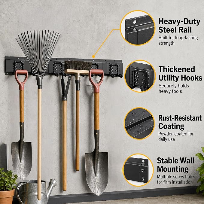 CBWLWJ Garage Tool Organizer Wall Mount, 64 inch Garage Wall Organizer, 680lbs Sturdy Garden Tool Organizer with 9 Adjustable Hooks, for Yard, Shed, Basement, Workshop(Black)