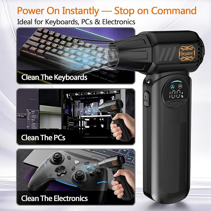 Compressed Air Duster,150000RPM Powerful Brushless Motor Electric Air Duster, Infinite Speed & Fast Charging, Rechargeable Cordless Air Blower with Vacuum Function for PC Keyboard, Car & Home – Black