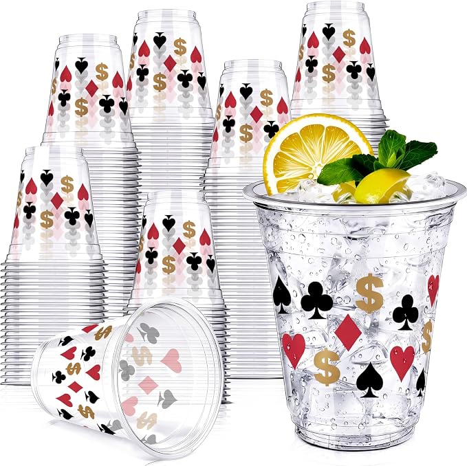 Uiifan 100 Pcs Casino Party Decorations Las Vegas Cups Casino Game Night Party Supplies 12 oz Poker Disposable Plastic Shot Cups for Hot Cold Drinking Office Home Dice Vegas Birthday Favors