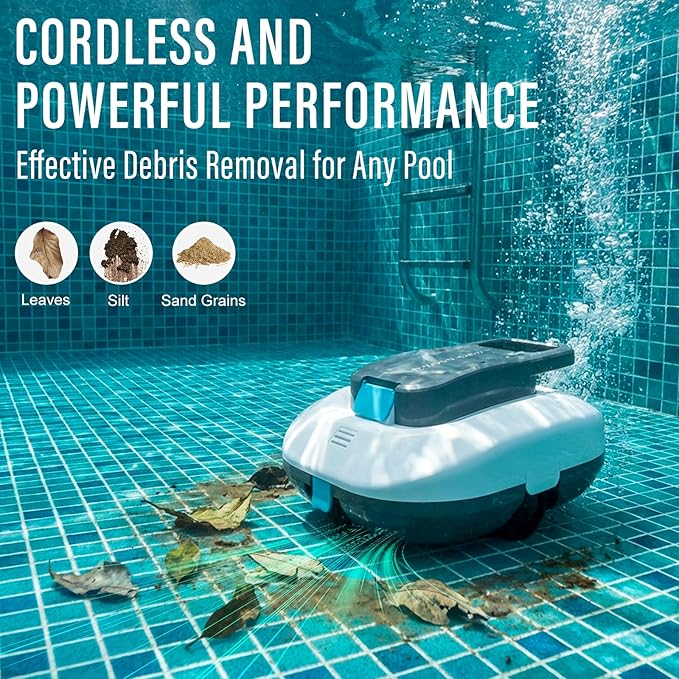 STARRYBOT Cordless Robotic Pool Cleaner with Dual high-Efficiency Motors Delivers Strong Suction, Smart Self-Parking,Smart LED Indicator,Pool Vacuum for Above-Ground Flat Pool up to 900 Sq.ft(White)