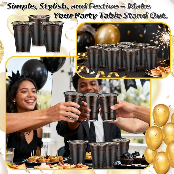 LemonRoad 100 Pack 16oz Black Clear Plastic Cups, Party Disposable Drinking Cups Bulk for Parties Picnics Cold Beverages, Smoothies, Events Celebrations Meeting Wedding Holiday Party