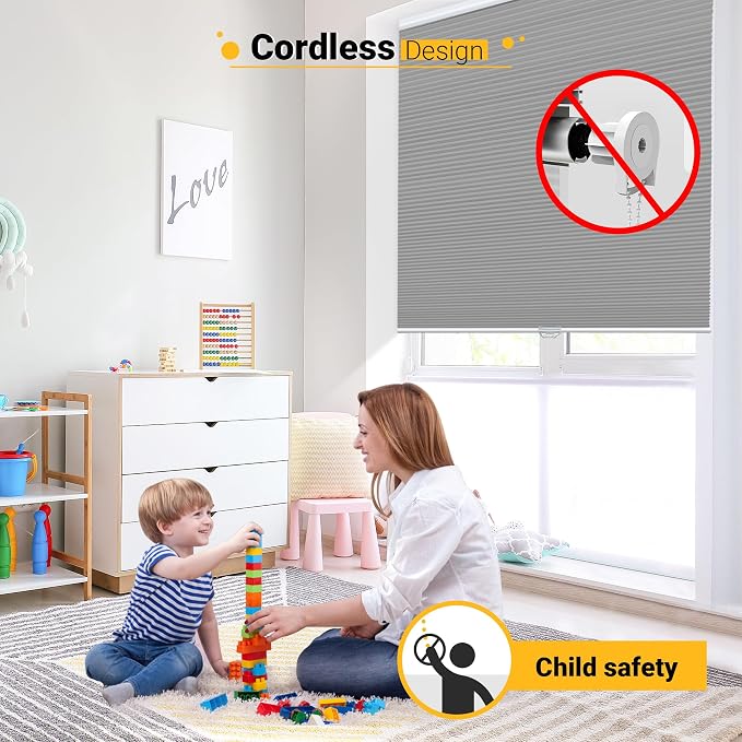 Blackout Cellular Shades Cordless Blinds Window Shades for Home, 40W x 64H, Cool Silver(Blackout)
