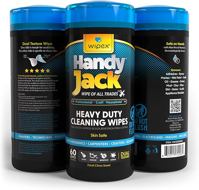 Wipex Handy Jack Heavy Duty Wipes, Dual Texture Cleaning Cloth – Used for Hands, Equipment, Tools, Garden, Automotive, Easily Removes Paint, Oil, Grease, & Dirt, 60 Count (Pack of 3)